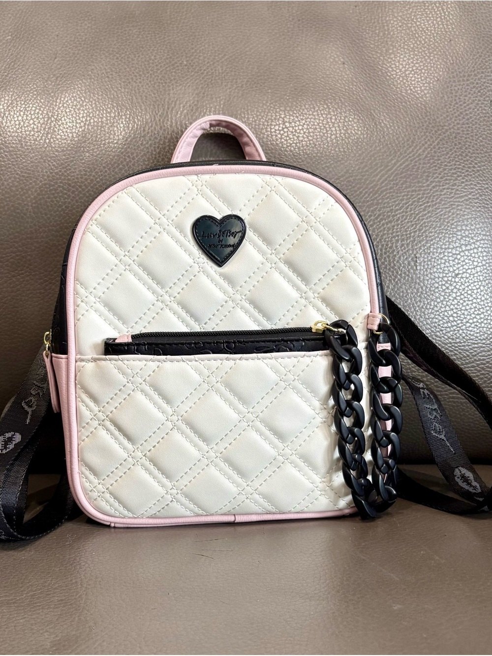 Betsey Johnson Pink & Cream Quilted Mini Backpack with Heart Patch Y2K